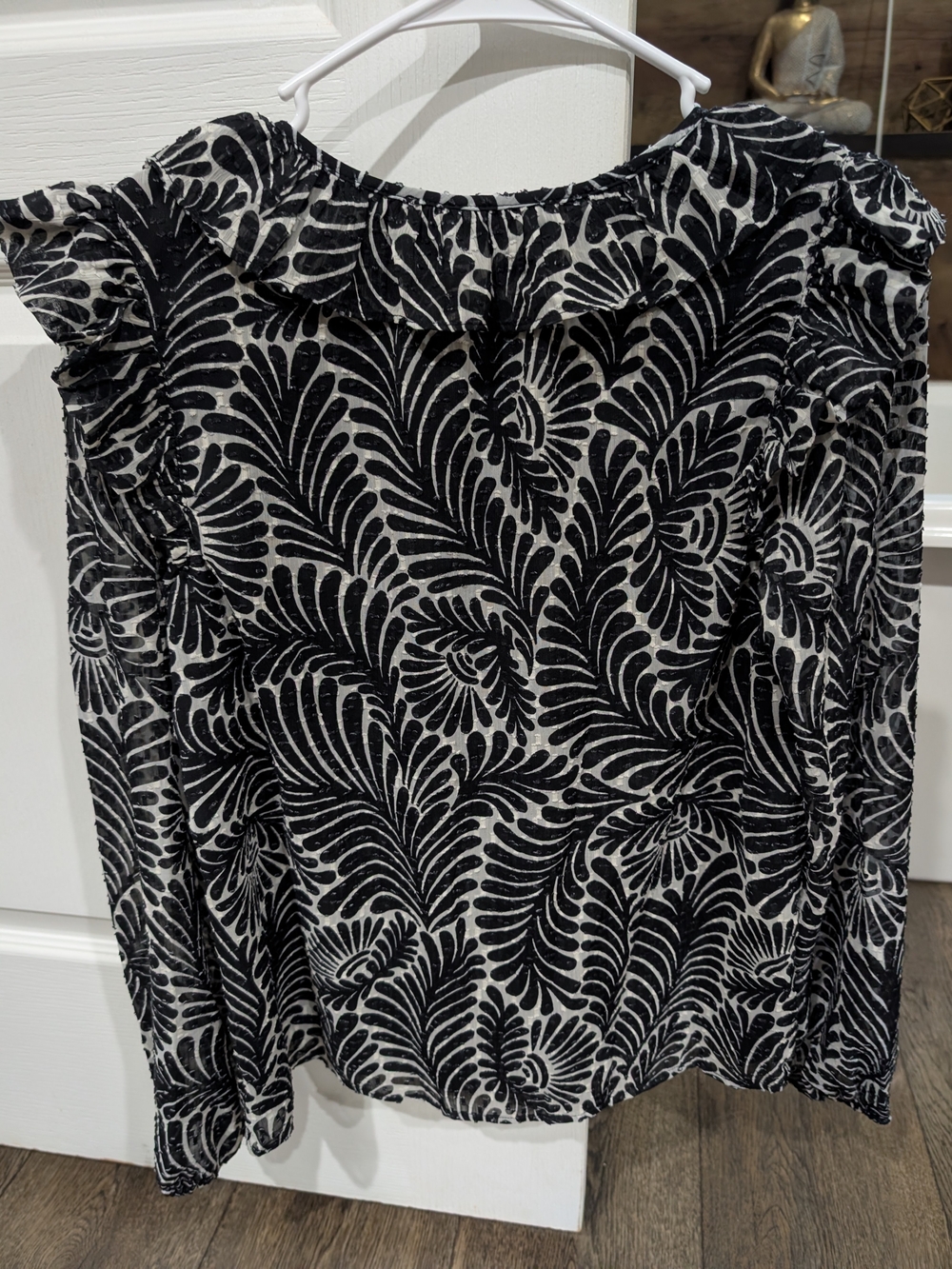LOFT Black and White Ruffle Long-Sleeve Blouse - Picture 3 of 7